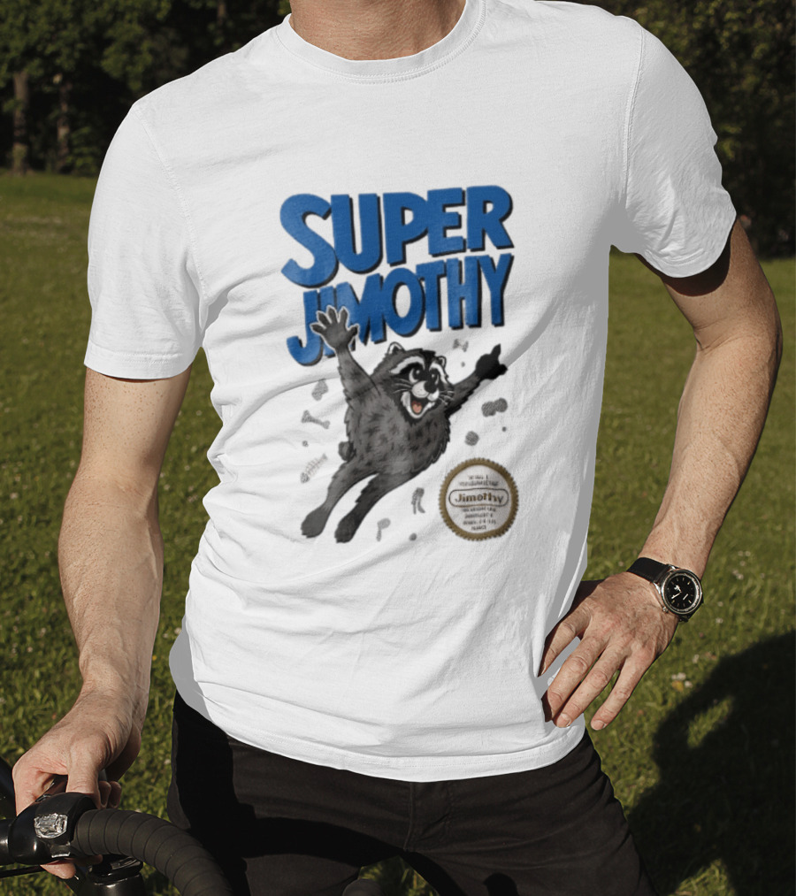 Super Jimothy Cartoon Flying Raccoon Trash Scraps Gold Seal T-Shirt