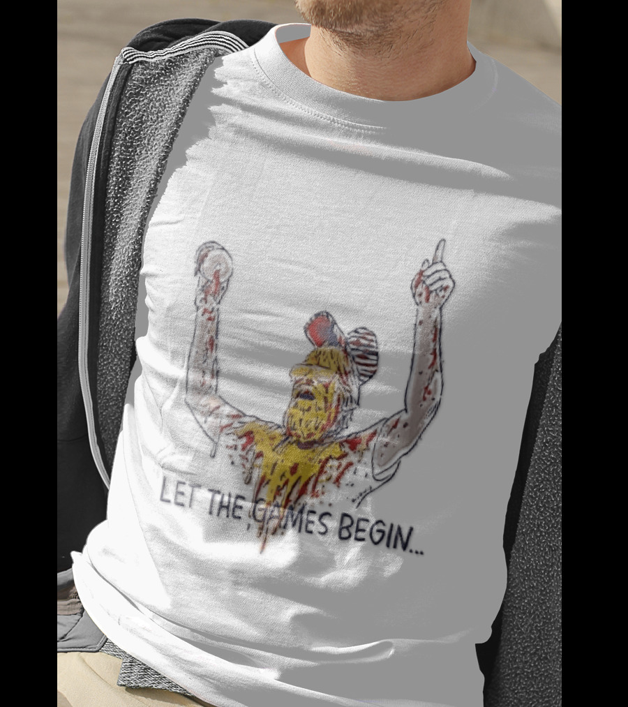 Let The Games Begin Caricature Beard Sunglasses Dripping Mustard Ketchup Line Arms Raised T-Shirt