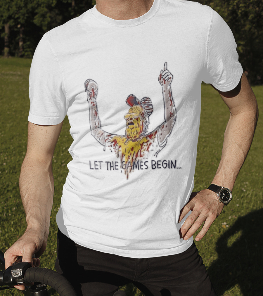 Let The Games Begin Caricature Beard Sunglasses Dripping Mustard Ketchup Line Arms Raised T-Shirt
