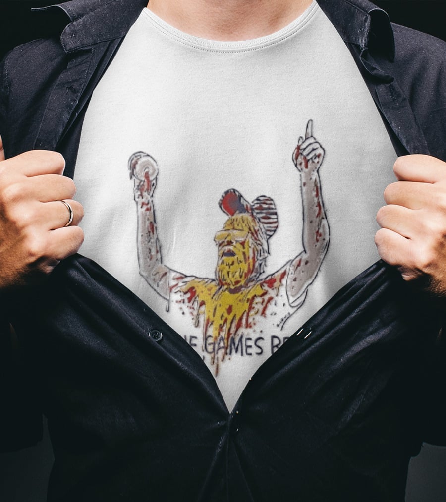 Let The Games Begin Caricature Beard Sunglasses Dripping Mustard Ketchup Line Arms Raised T-Shirt