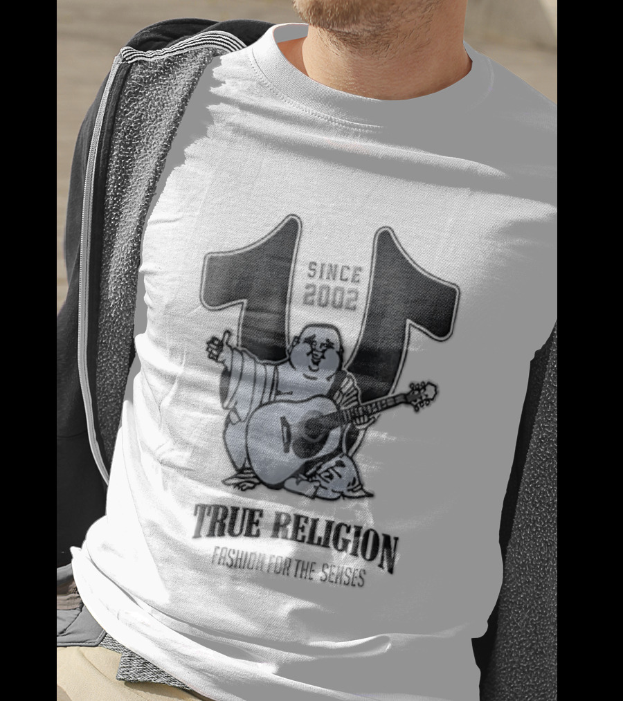 True Religion Since 2002 Laughing Buddha Playing Acoustic Guitar Horseshoe Fashion For The Senses T-Shirt