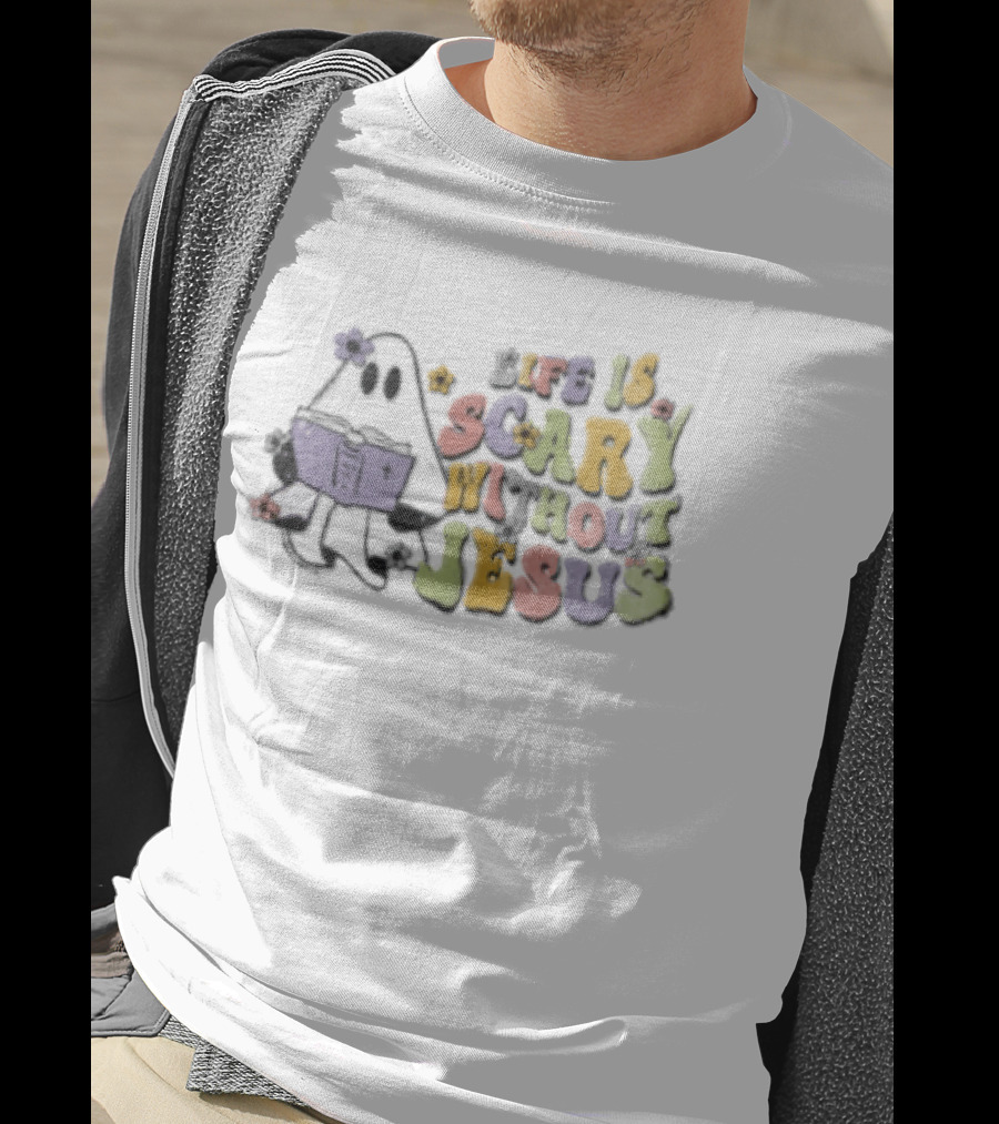 Life Is Scary Without Jesus Cartoon Ghost Reading Bible Flowers T-Shirt