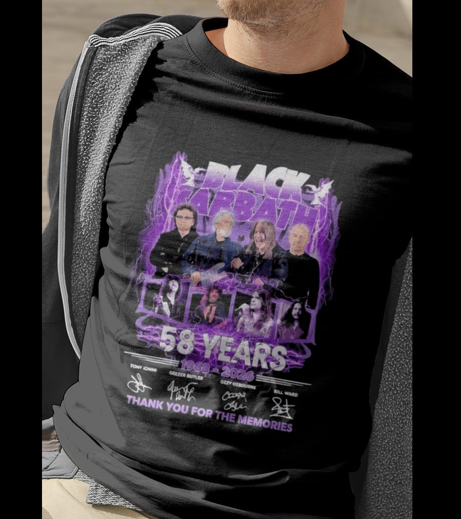 Black Sabbath 58 Years 1968 2026 Tony Iommi Geezer Butler Ozzy Osbourne Bill Ward Thank You For The Memories T-Shirt