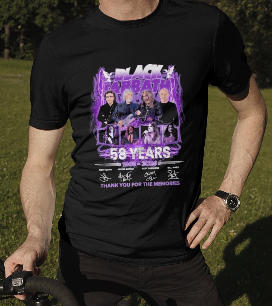 Black Sabbath 58 Years 1968 2026 Tony Iommi Geezer Butler Ozzy Osbourne Bill Ward Thank You For The Memories T-Shirt