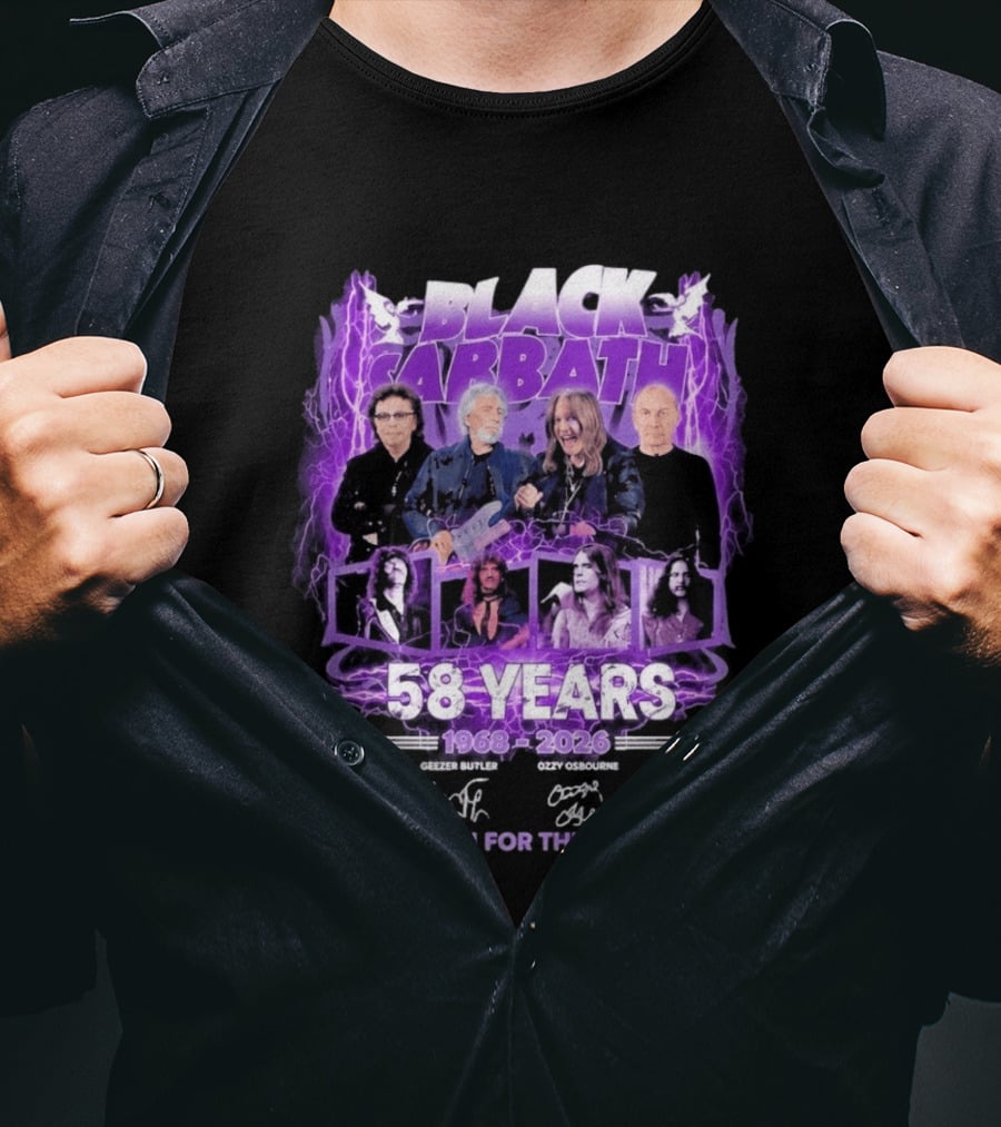 Black Sabbath 58 Years 1968 2026 Tony Iommi Geezer Butler Ozzy Osbourne Bill Ward Thank You For The Memories T-Shirt