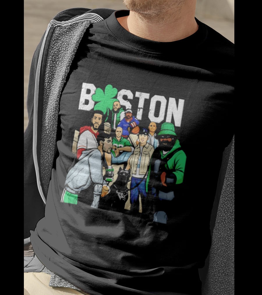 Boston Celtics Patriots Players With Shamrock And Boston T-Shirt