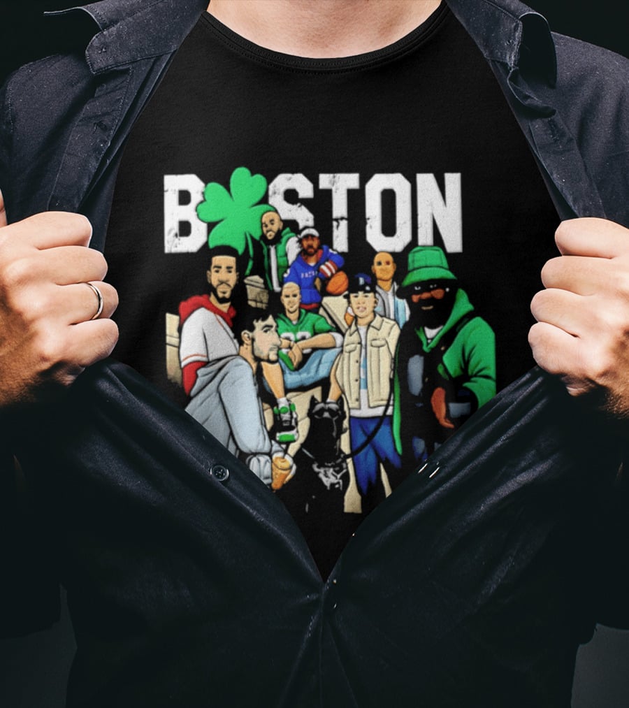 Boston Celtics Patriots Players With Shamrock And Boston T-Shirt
