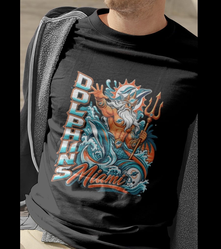 Miami Dolphins King Triton Ocean Waves Trident Dolphins T-Shirt