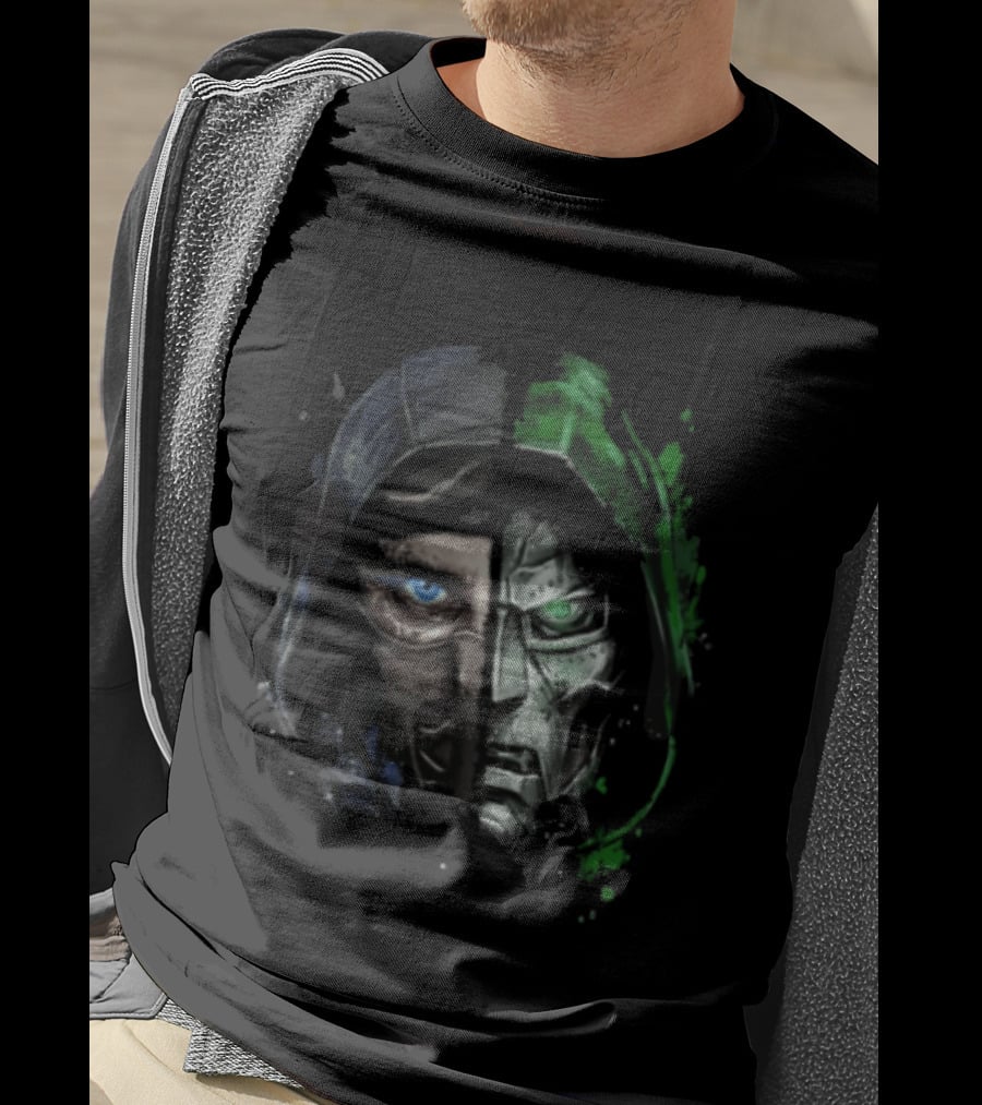 Doctor Doom Sub Zero Split Face Hooded Mask Paint Splatter T-Shirt