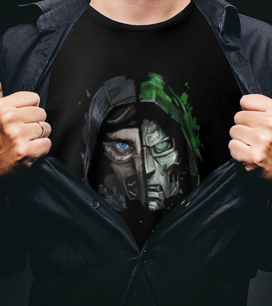 Doctor Doom Sub Zero Split Face Hooded Mask Paint Splatter T-Shirt