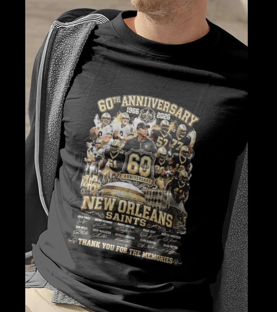60th Anniversary 1966 2026 New Orleans Saints Thank You For The Memories Drew Brees Archie Manning Ricky Jackson T-Shirt