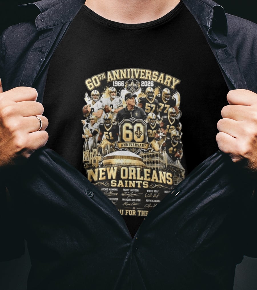 60th Anniversary 1966 2026 New Orleans Saints Thank You For The Memories Drew Brees Archie Manning Ricky Jackson T-Shirt