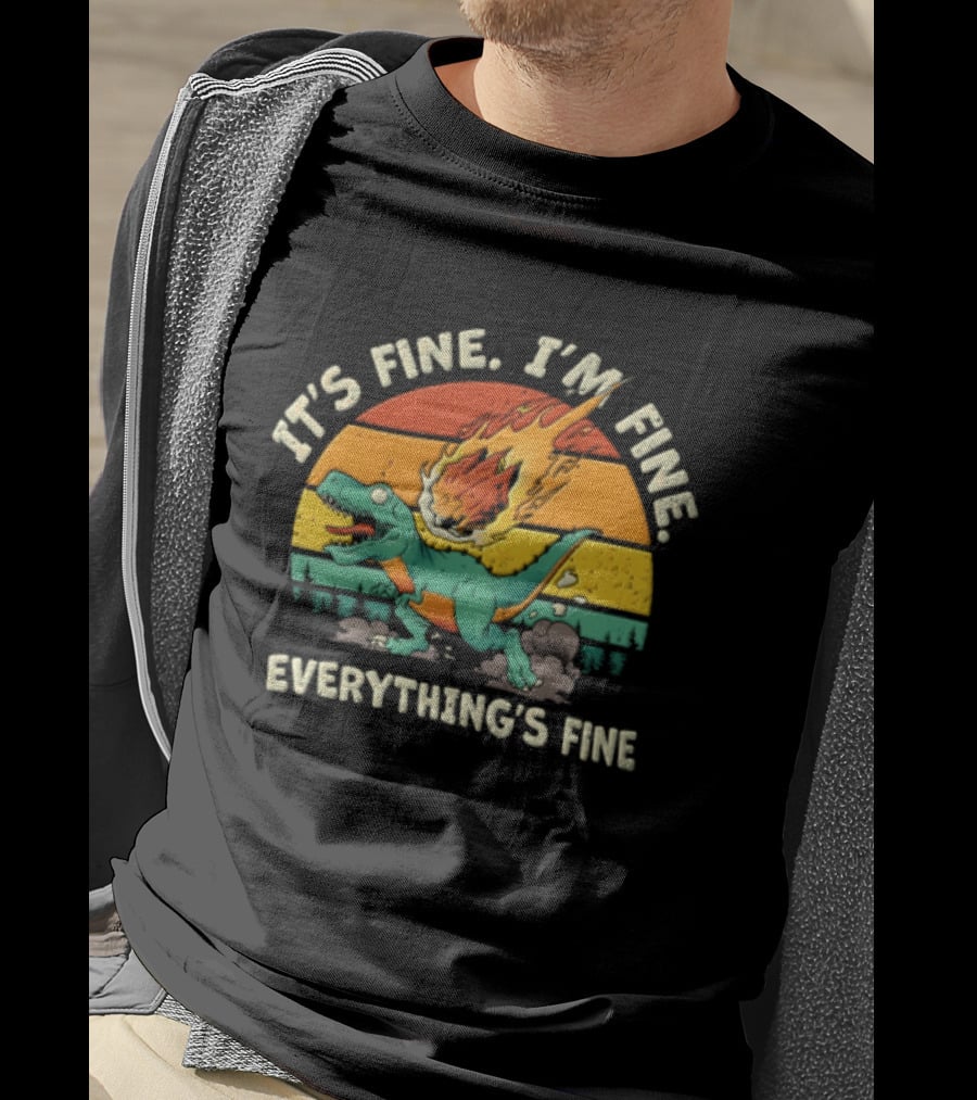 It's Fine I'm Fine Everything's Fine Cartoon Rex Running Meteor Sunset T-Shirt