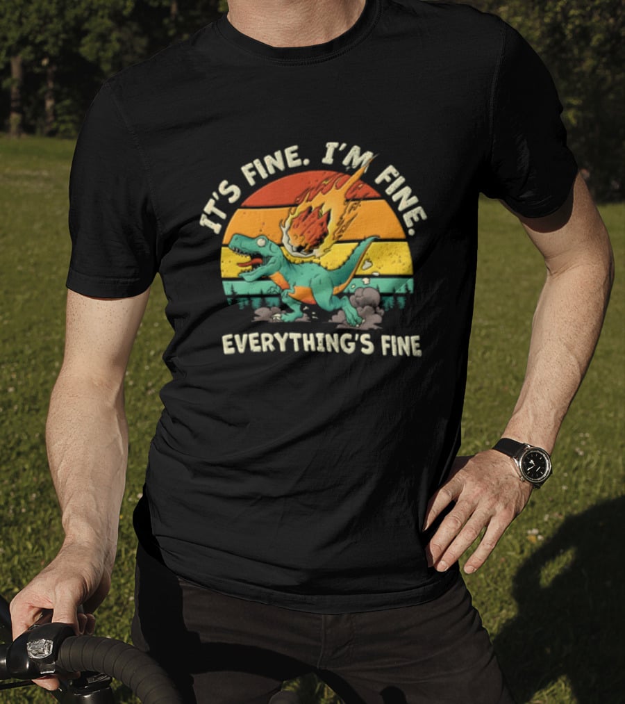 It's Fine I'm Fine Everything's Fine Cartoon Rex Running Meteor Sunset T-Shirt