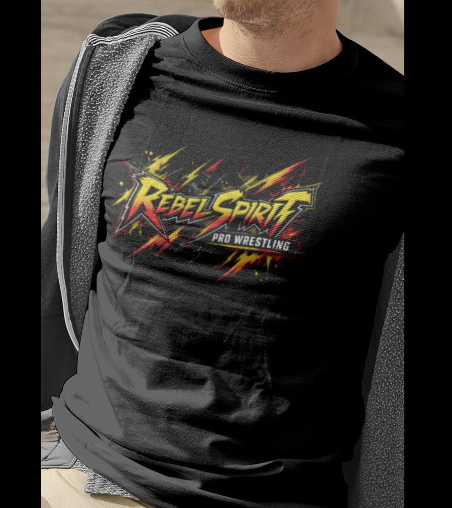 Rebel Spirit Pro Wrestling Spiky Lettering Paint Splatter Grunge Yellow Red Burst T-Shirt