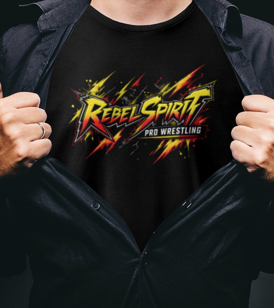 Rebel Spirit Pro Wrestling Spiky Lettering Paint Splatter Grunge Yellow Red Burst T-Shirt