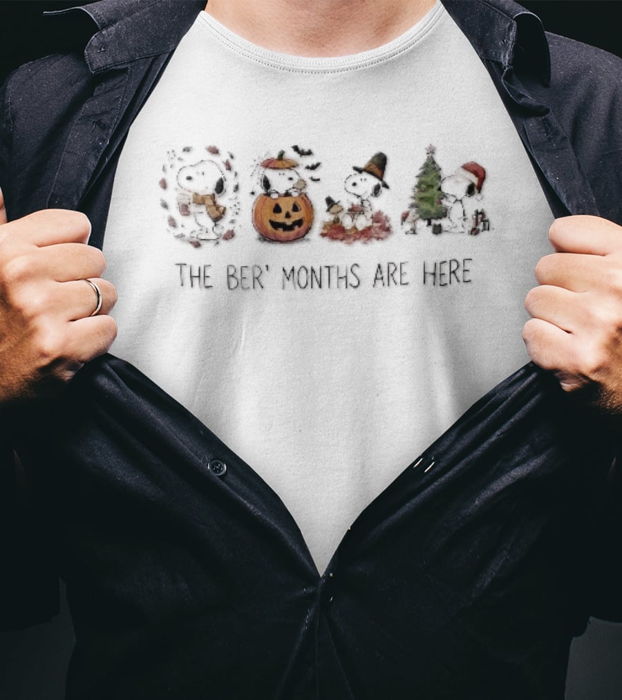 The Ber Months Are Here Snoopy Woodstock Pumpkin Halloween Thanksgiving Christmas Tree Seasons T-Shirt