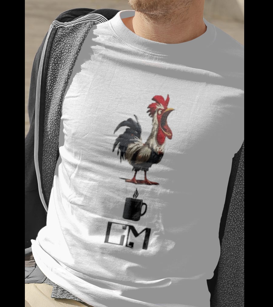 GM Cartoon Crowing Rooster Steaming Black Coffee T-Shirt