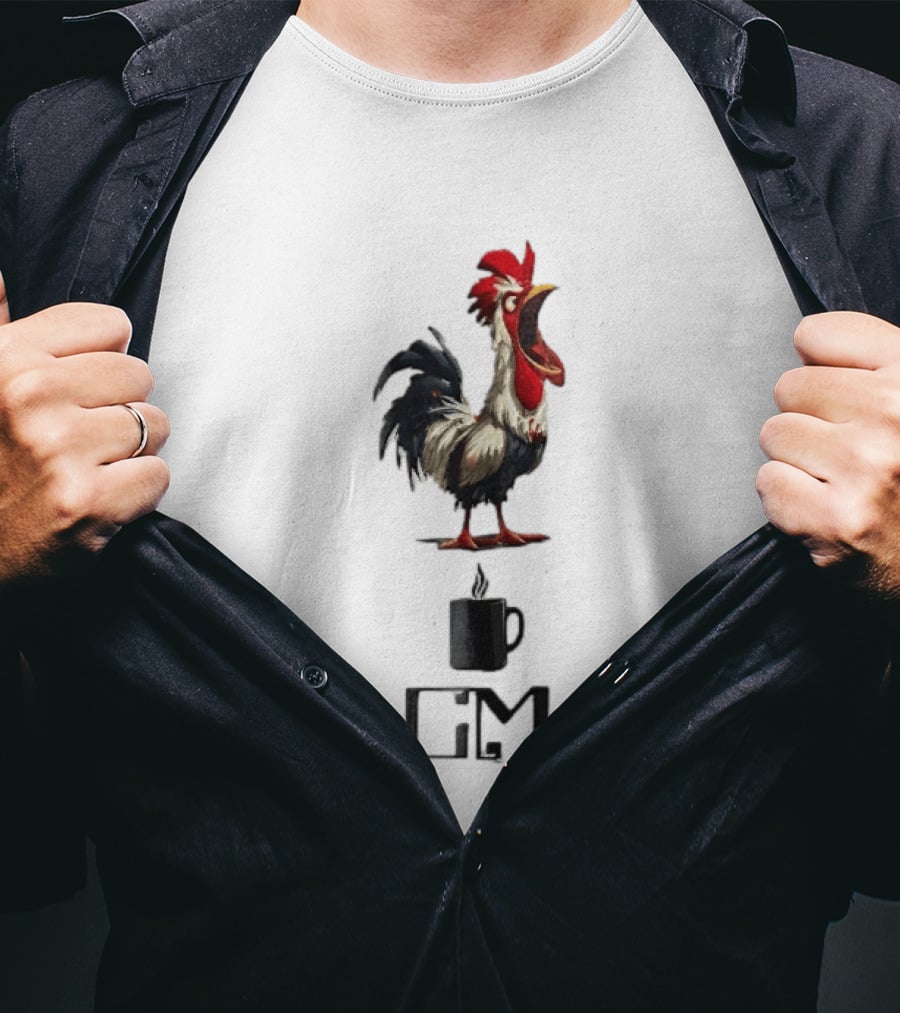 GM Cartoon Crowing Rooster Steaming Black Coffee T-Shirt