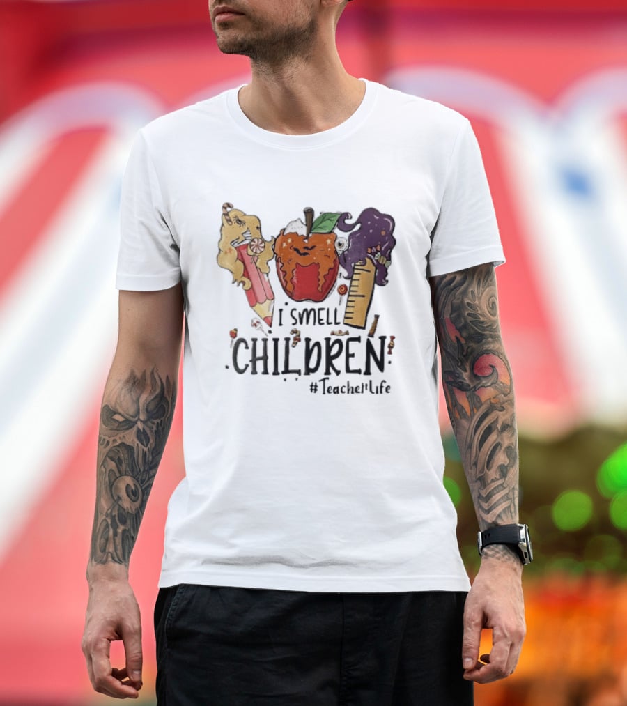 I Smell Children Teacherlife Sanderson Sisters Halloween Pencil Apple Ruler Cartoon T-Shirt