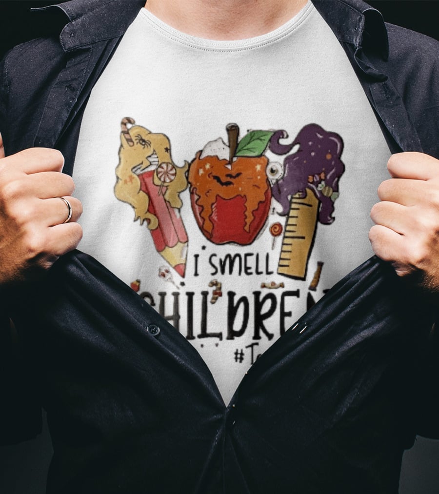 I Smell Children Teacherlife Sanderson Sisters Halloween Pencil Apple Ruler Cartoon T-Shirt