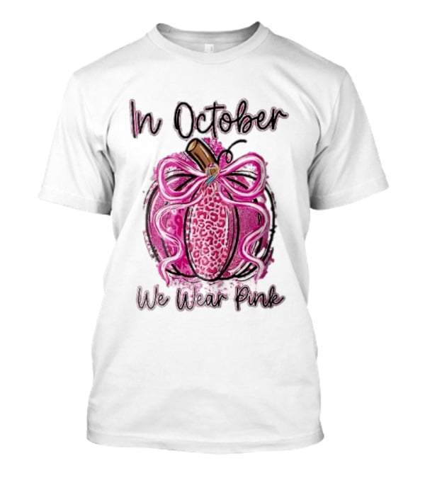 In October We Wear Pink Leopard Pumpkin Breast Cancer Ribbon Bow T-Shirt