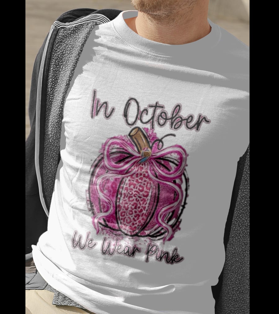 In October We Wear Pink Leopard Pumpkin Breast Cancer Ribbon Bow T-Shirt