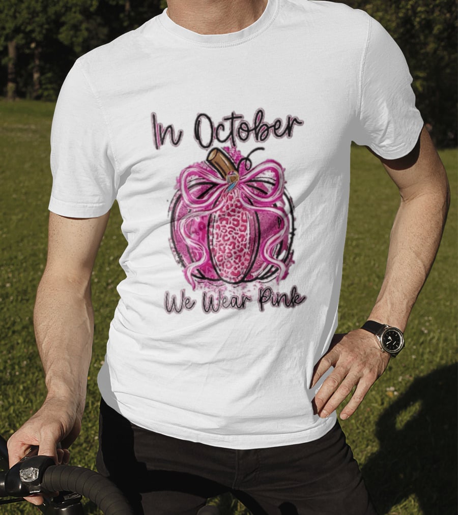 In October We Wear Pink Leopard Pumpkin Breast Cancer Ribbon Bow T-Shirt