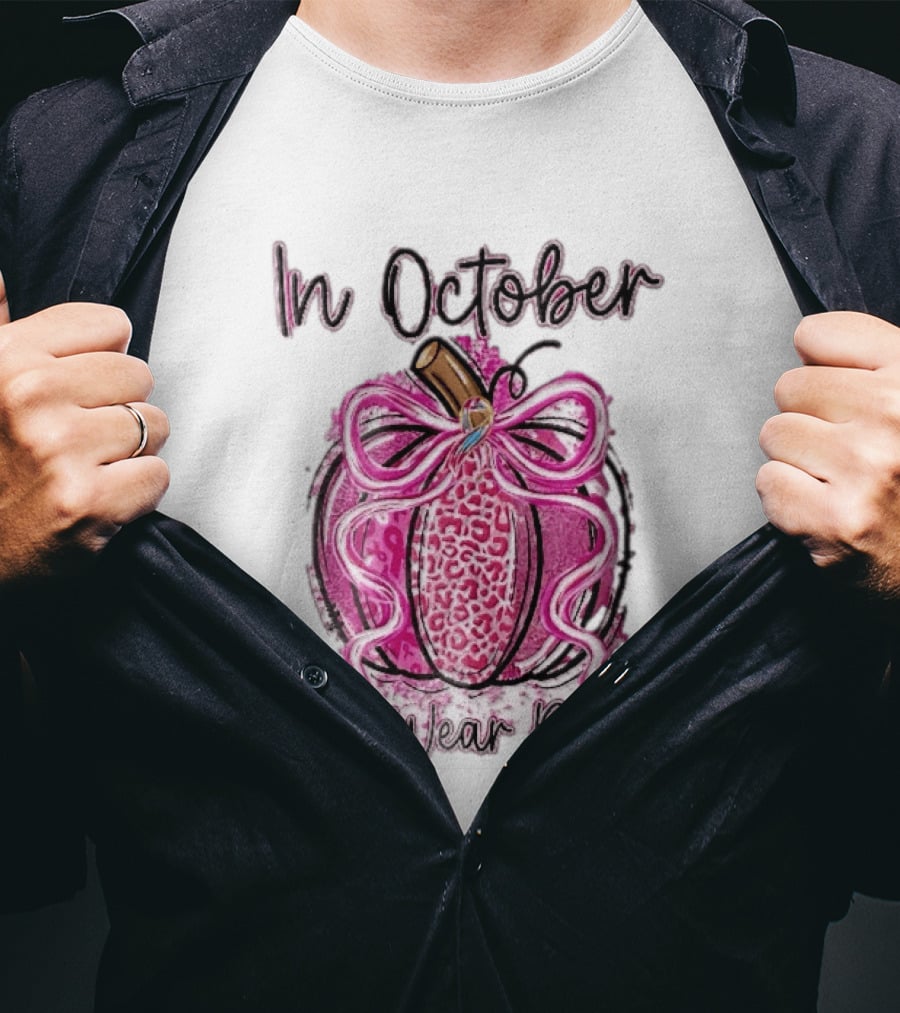 In October We Wear Pink Leopard Pumpkin Breast Cancer Ribbon Bow T-Shirt