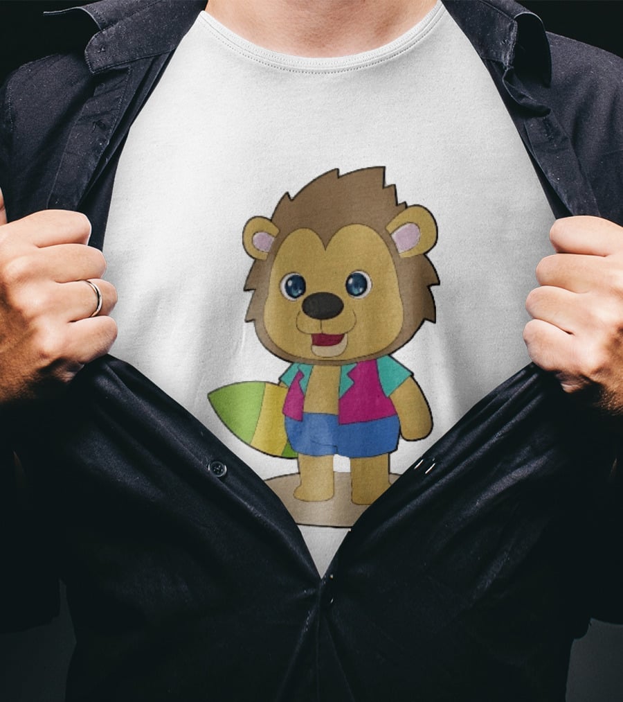 Lion Summer Surfing Adventure Cartoon T-Shirt