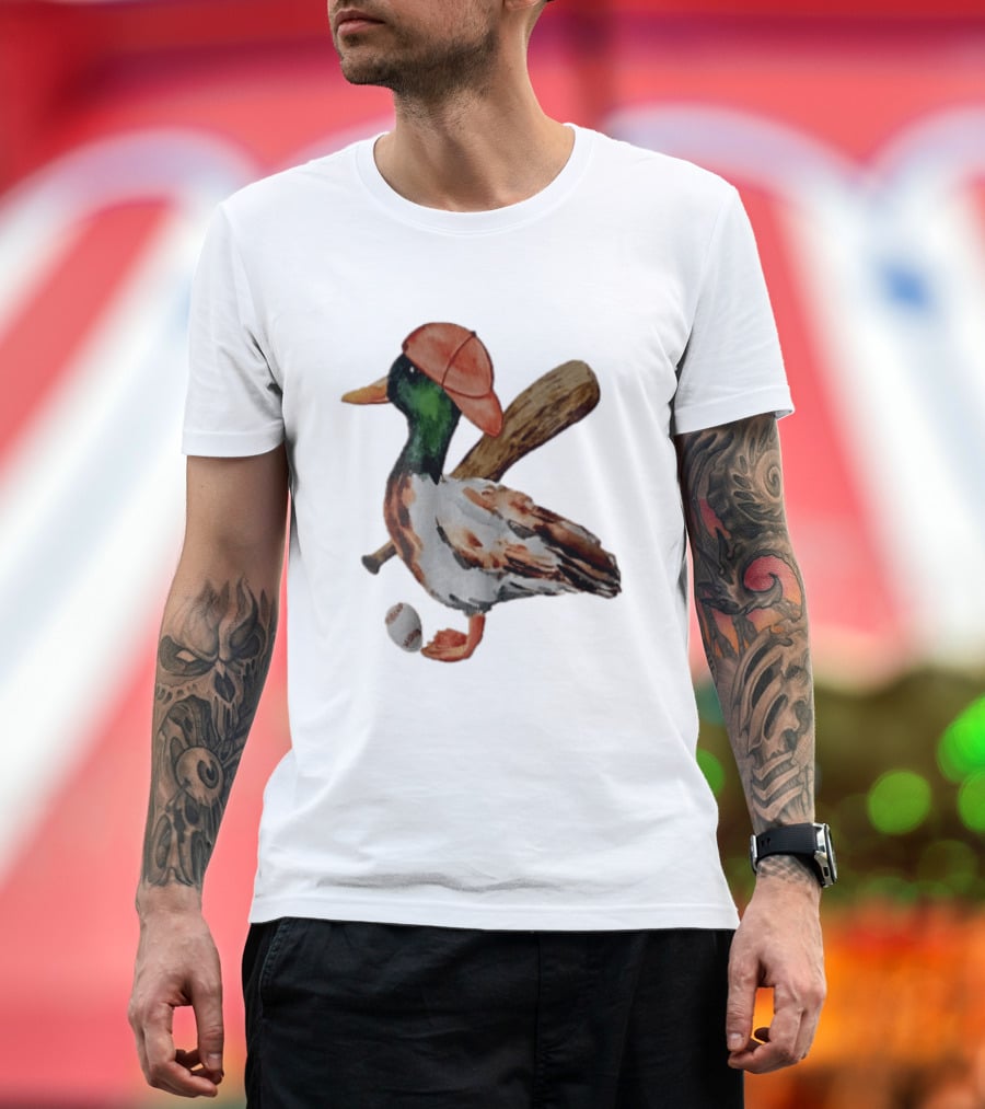 Mallard Duck Baseball Player Red Cap Wooden Bat Watercolor Mallard T-Shirt