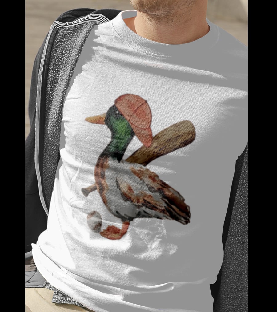 Mallard Duck Baseball Player Red Cap Wooden Bat Watercolor Mallard T-Shirt