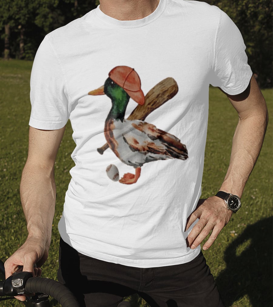 Mallard Duck Baseball Player Red Cap Wooden Bat Watercolor Mallard T-Shirt