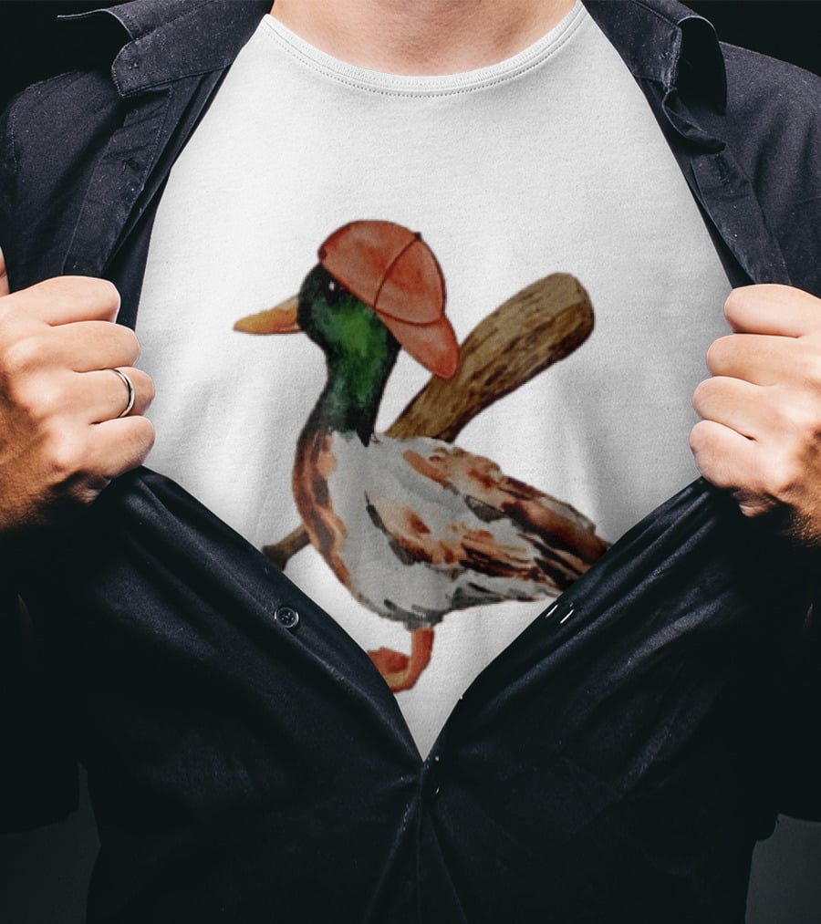 Mallard Duck Baseball Player Red Cap Wooden Bat Watercolor Mallard T-Shirt