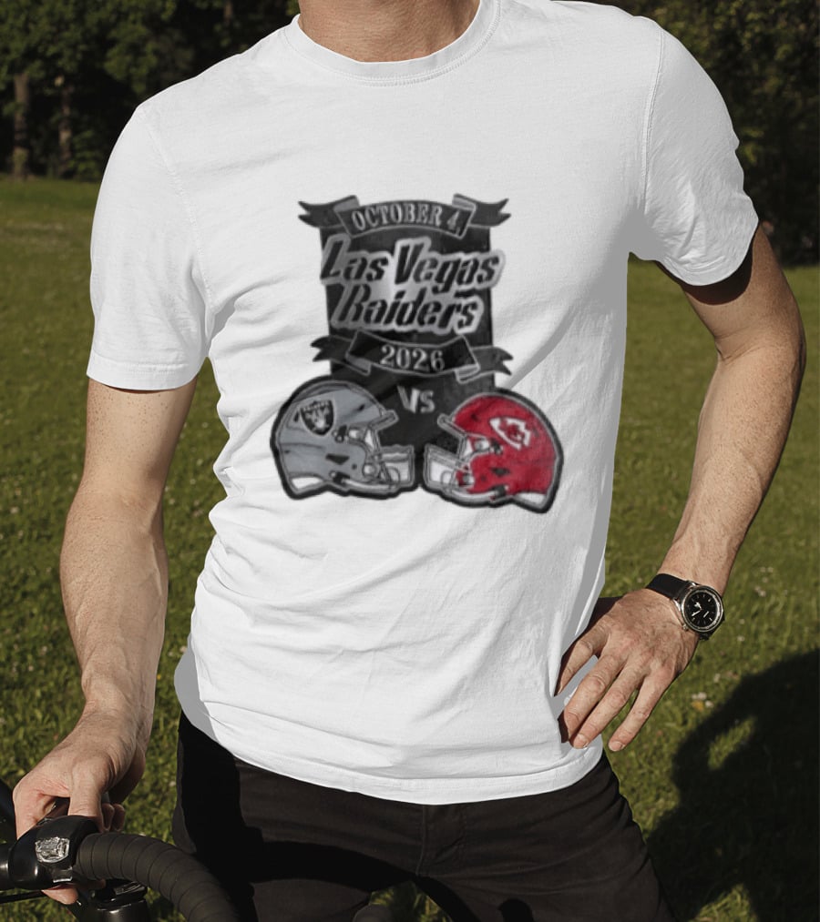 Las Vegas Raiders Vs 2026 October 4 Red Silver Opposing Football Helmets T-Shirt
