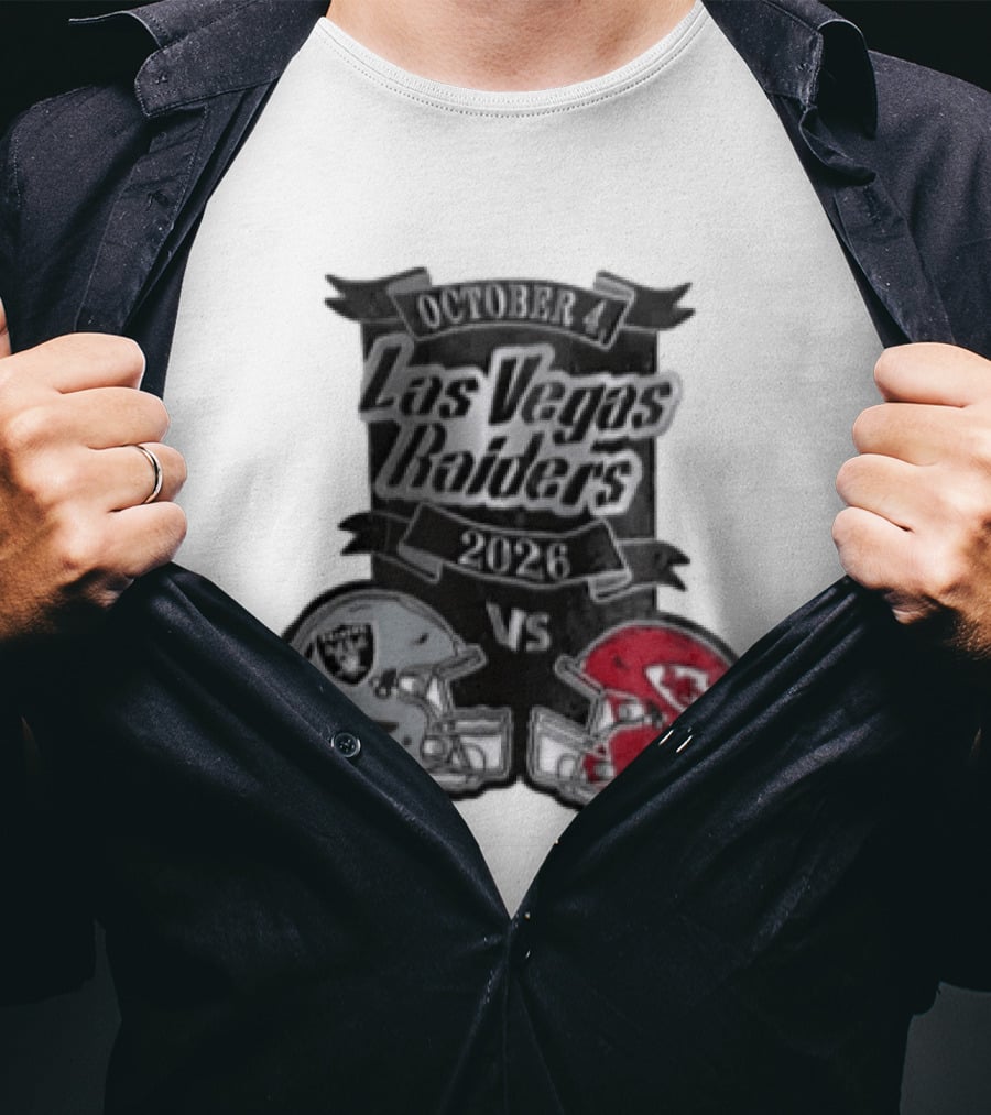 Las Vegas Raiders Vs 2026 October 4 Red Silver Opposing Football Helmets T-Shirt
