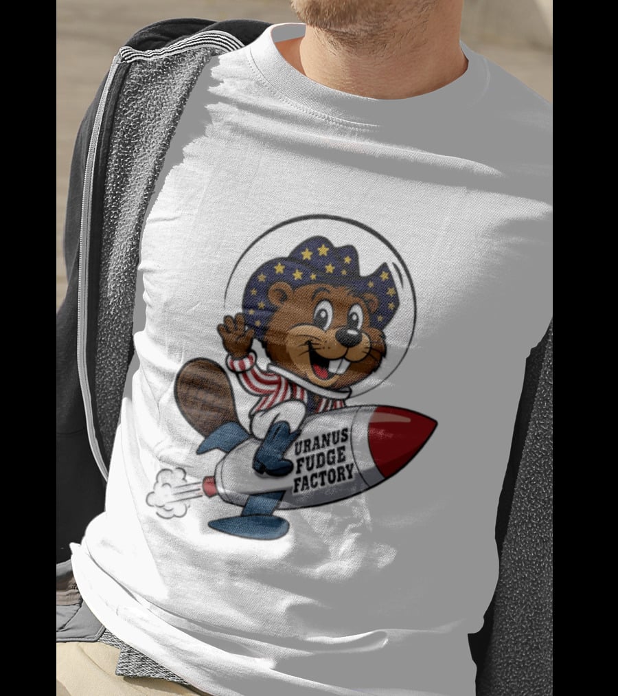 Uranus Fudge Factory Patriotic Beaver Riding Rocket T-Shirt