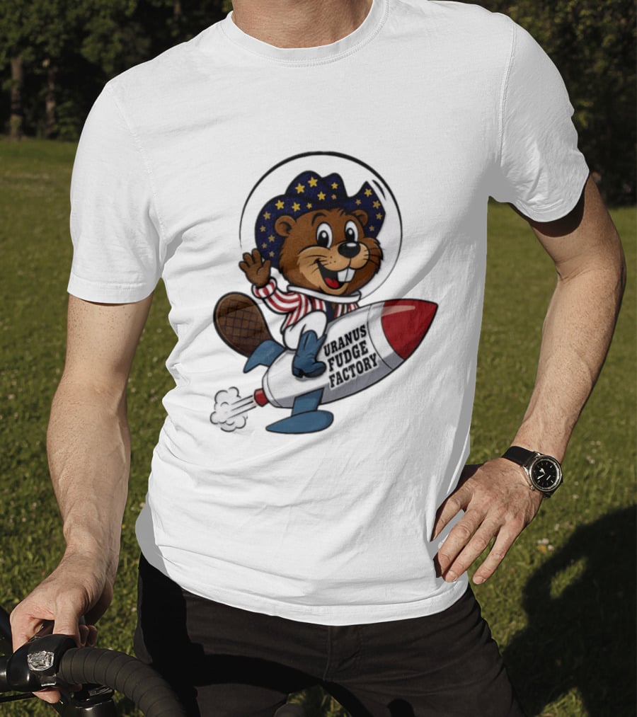 Uranus Fudge Factory Patriotic Beaver Riding Rocket T-Shirt
