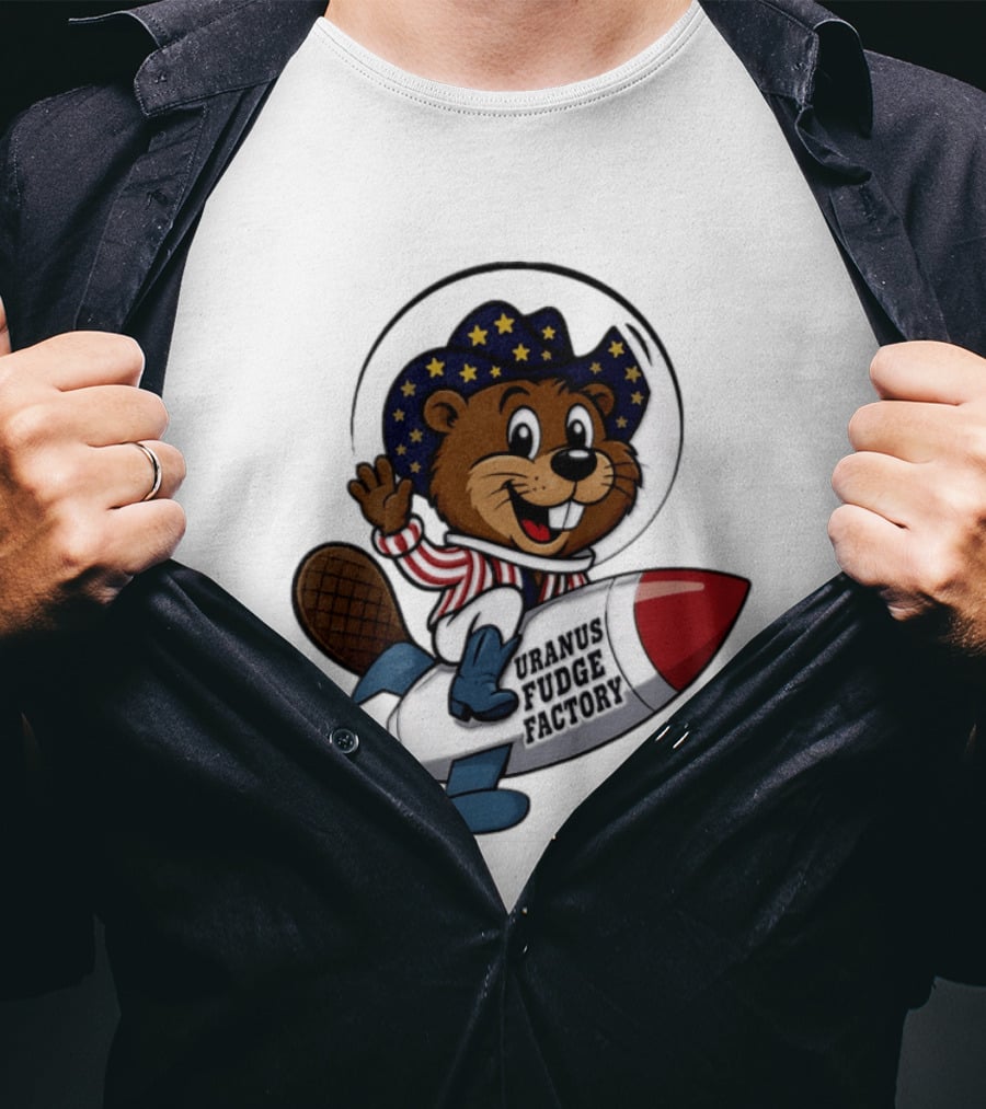 Uranus Fudge Factory Patriotic Beaver Riding Rocket T-Shirt