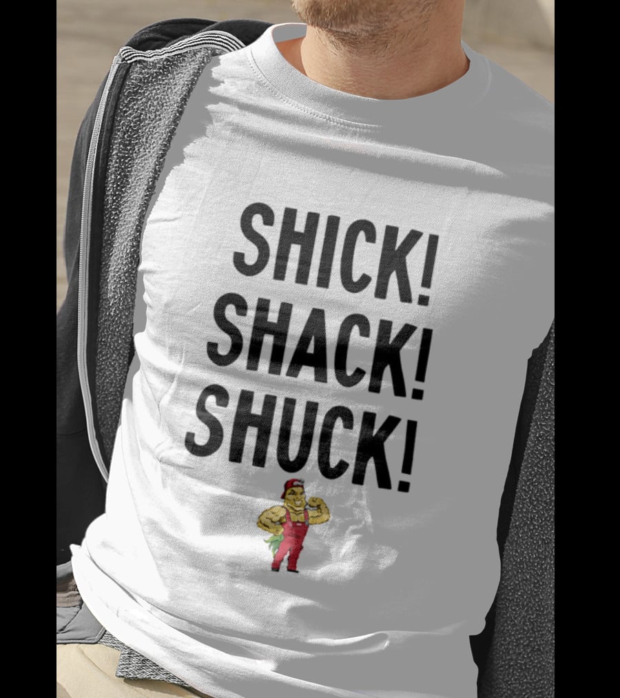 SHICK SHACK SHUCK Strongman Red Overalls Cartoon T-Shirt