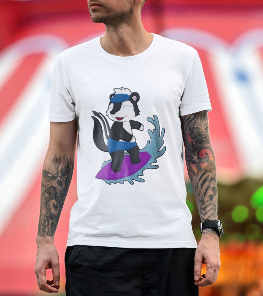 Skunk Surfing Cartoon On Purple Surfboard With Blue Waves And Summer Vibes T-Shirt
