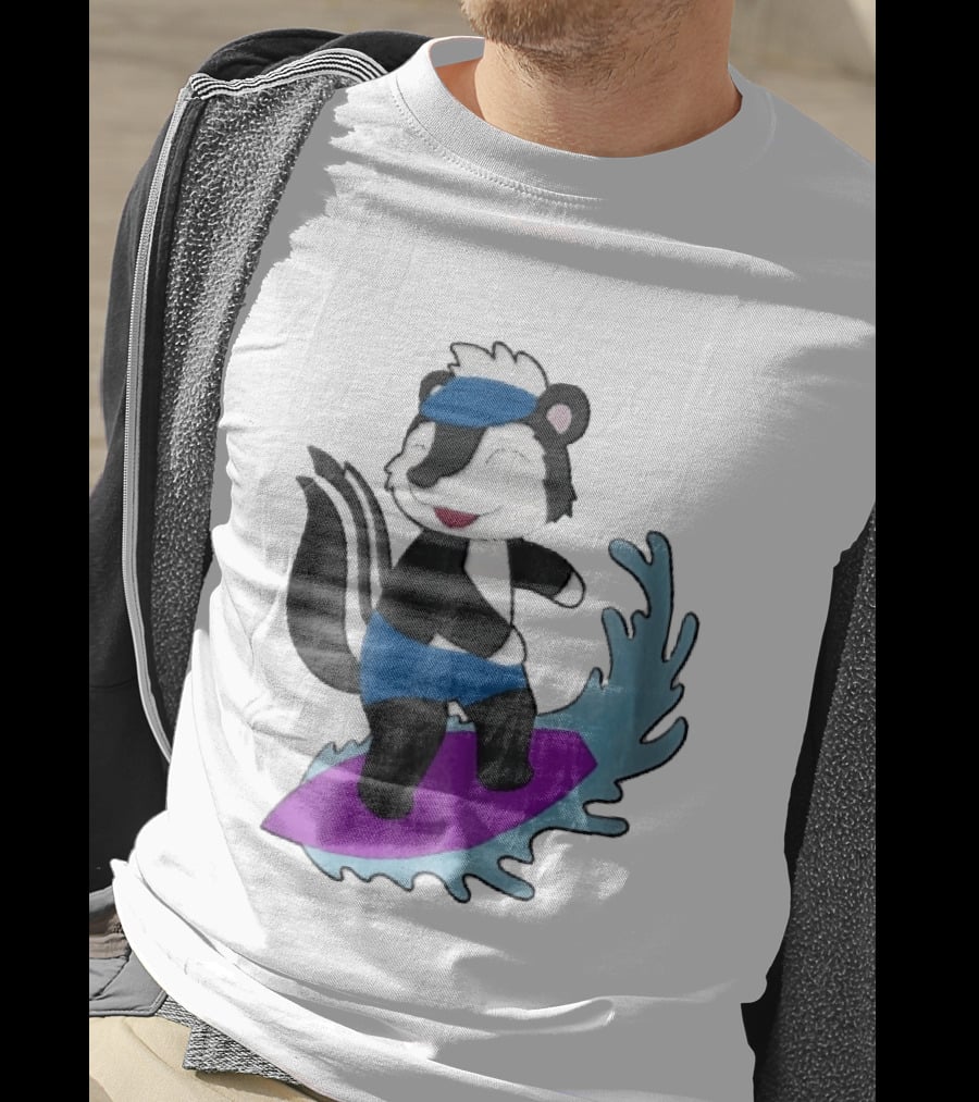 Skunk Surfing Cartoon On Purple Surfboard With Blue Waves And Summer Vibes T-Shirt