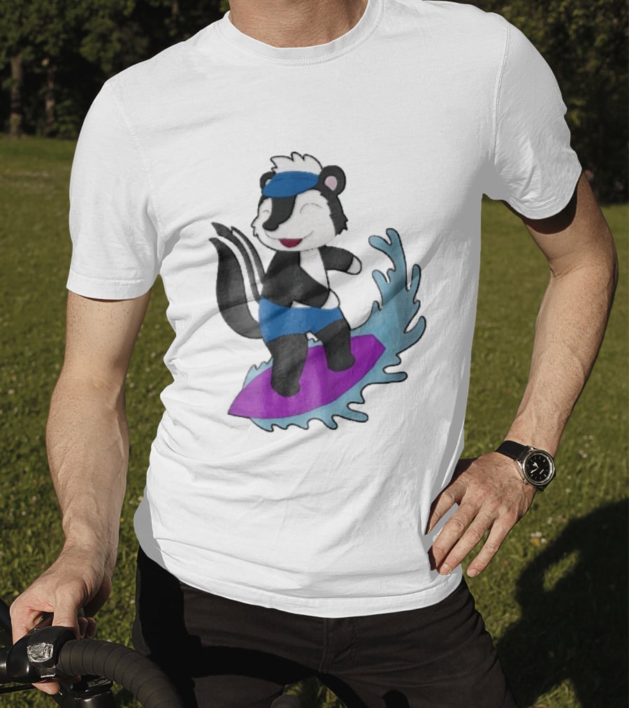 Skunk Surfing Cartoon On Purple Surfboard With Blue Waves And Summer Vibes T-Shirt