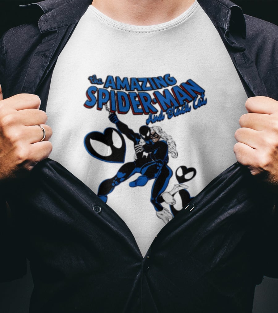 The Amazing Spider Man Hugs Black Cat With Hearts T-Shirt