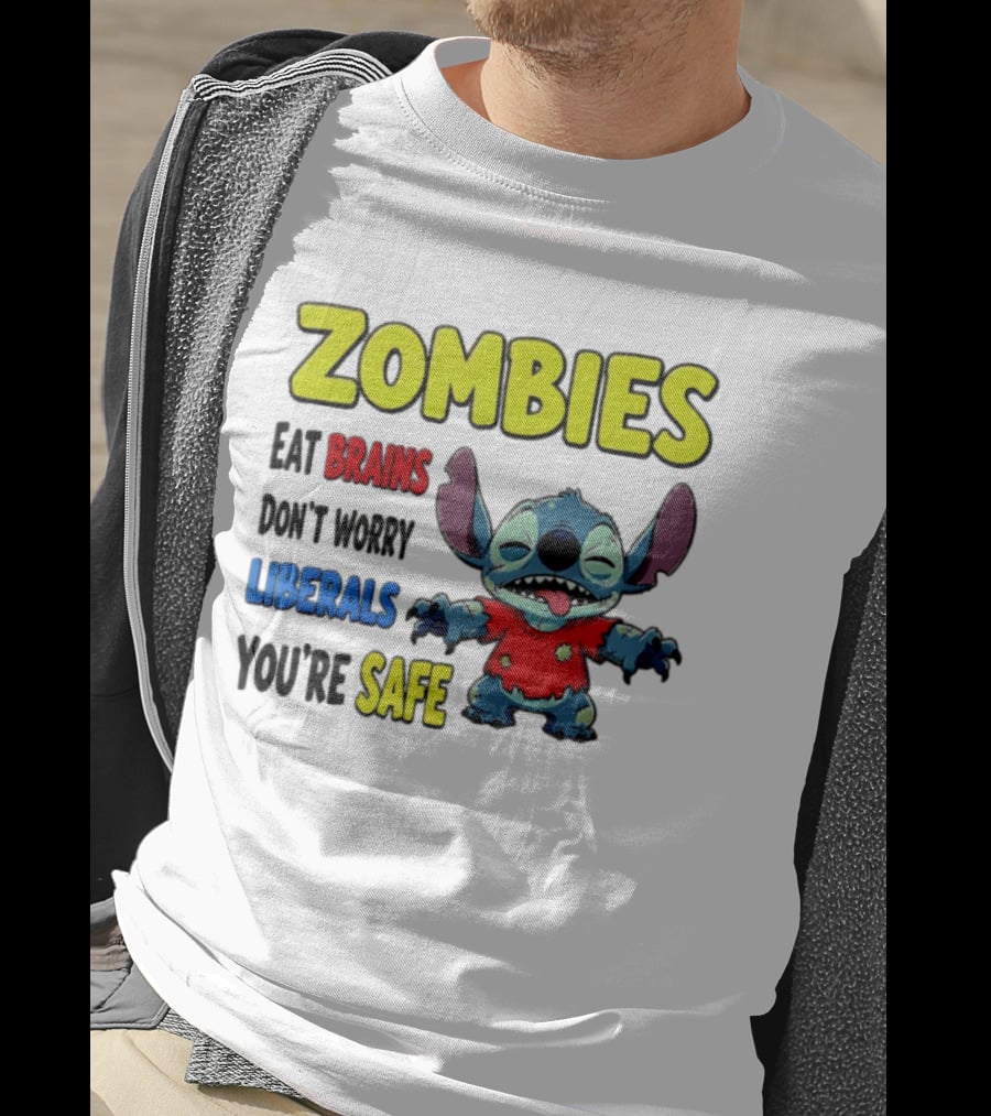 Zombies Eat Brains Don't Worry Liberals You're Safe Stitch Cartoon Creature Stitched Red T-Shirt