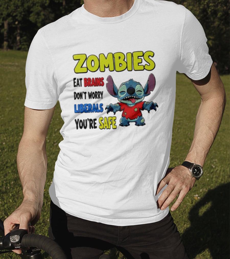 Zombies Eat Brains Don't Worry Liberals You're Safe Stitch Cartoon Creature Stitched Red T-Shirt