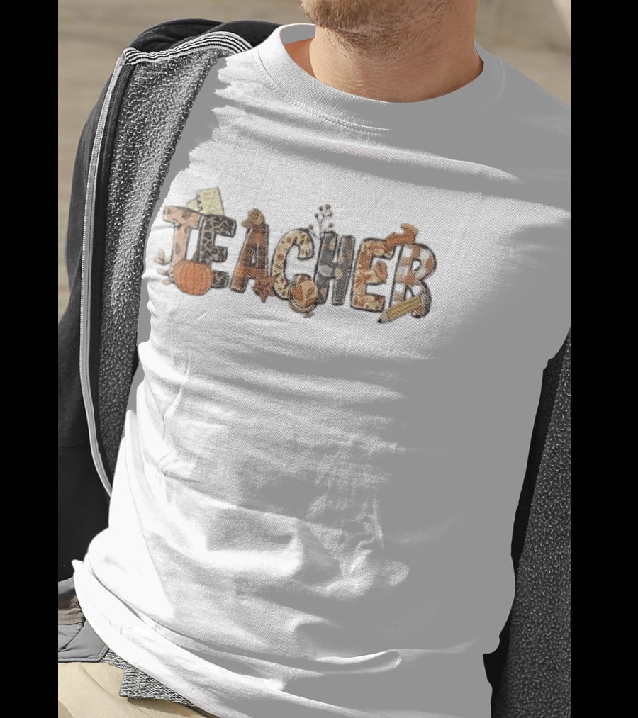 Teacher Fall Autumn Pumpkin Globe Pencil Pie Slice T-Shirt