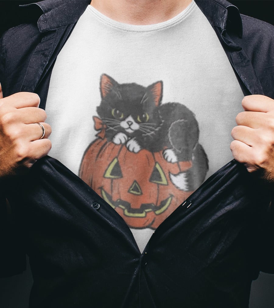 The Pumpkin Cat Halloween Black Cat On Jack O' Lantern T-Shirt