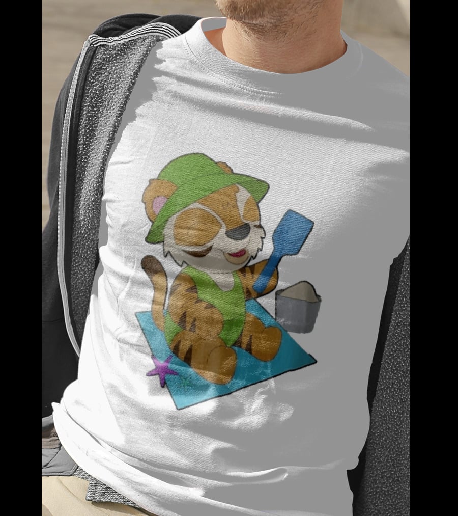 Playful Tiger Beach Sand Adventure Summer Scene T-Shirt