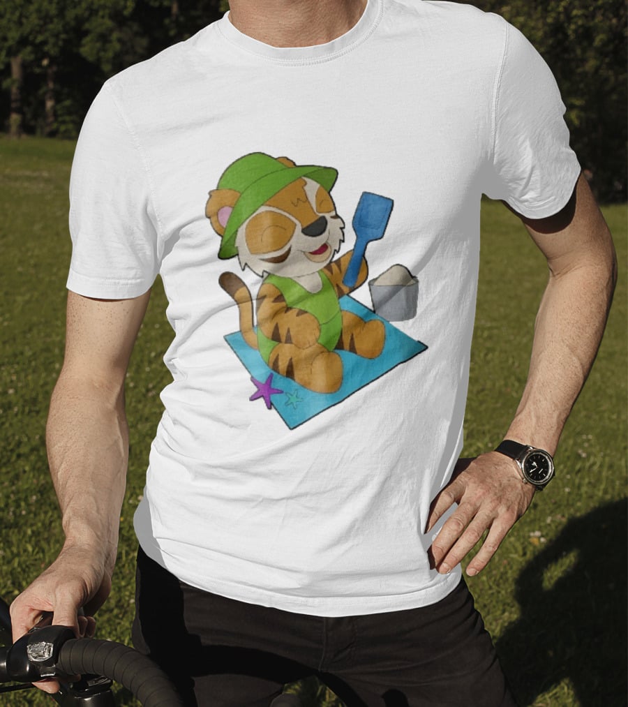 Playful Tiger Beach Sand Adventure Summer Scene T-Shirt